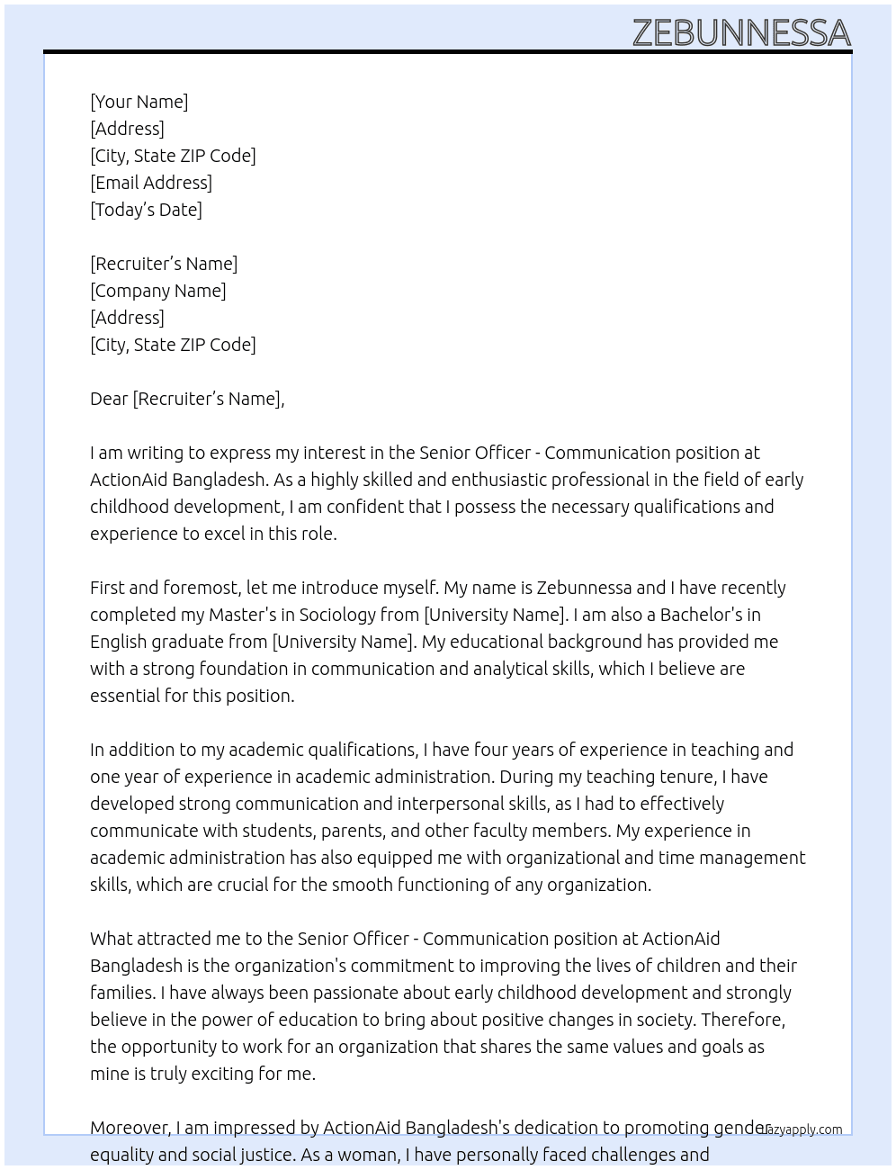 Senior Officer -  Communication  At ActionAid Bangladesh Cover Letter