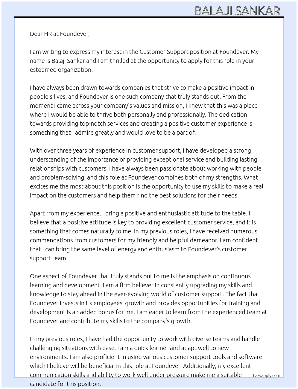 Customer support  At Foundever Cover Letter
