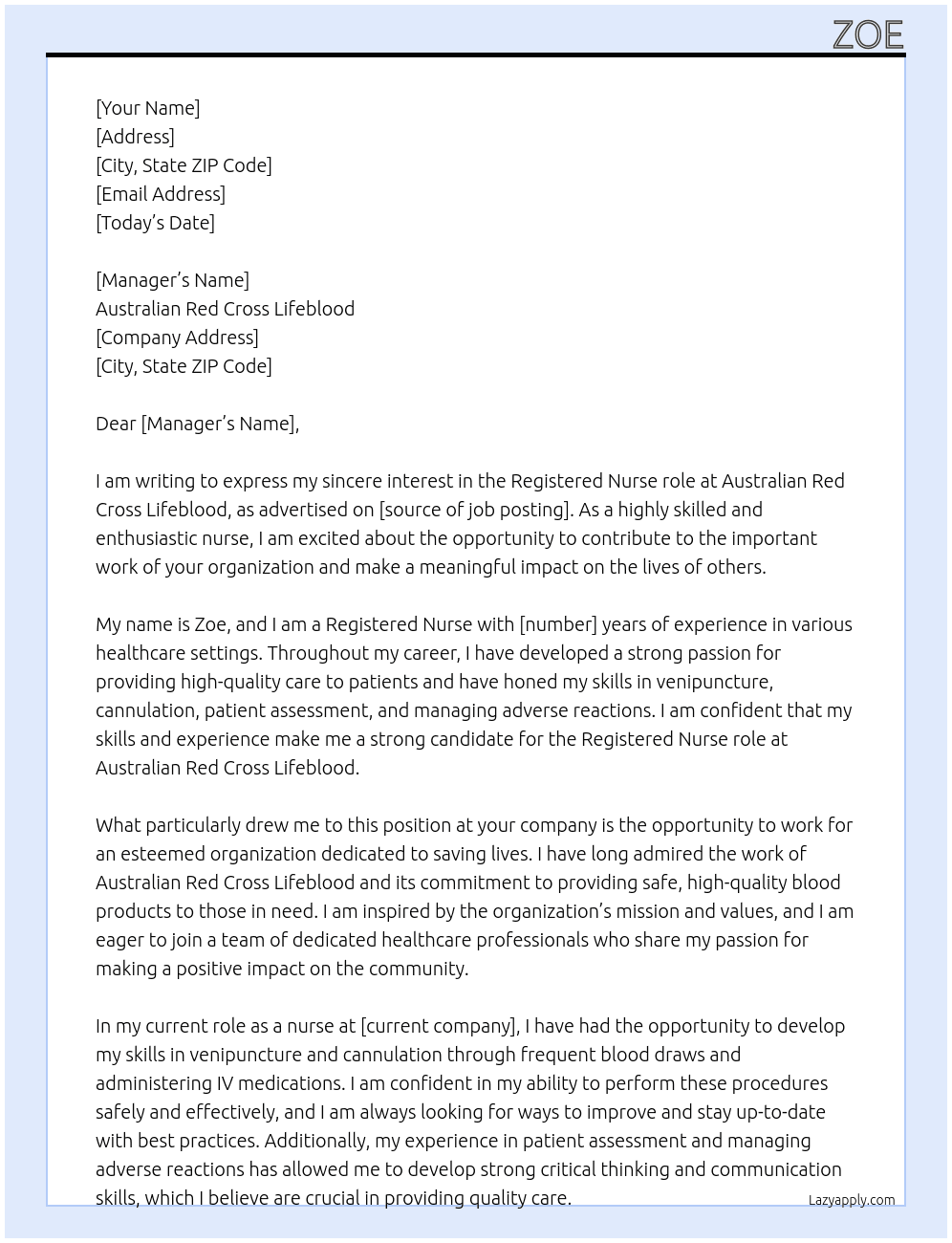 Nurse At Australian Red Cross Lifeblood Cover Letter
