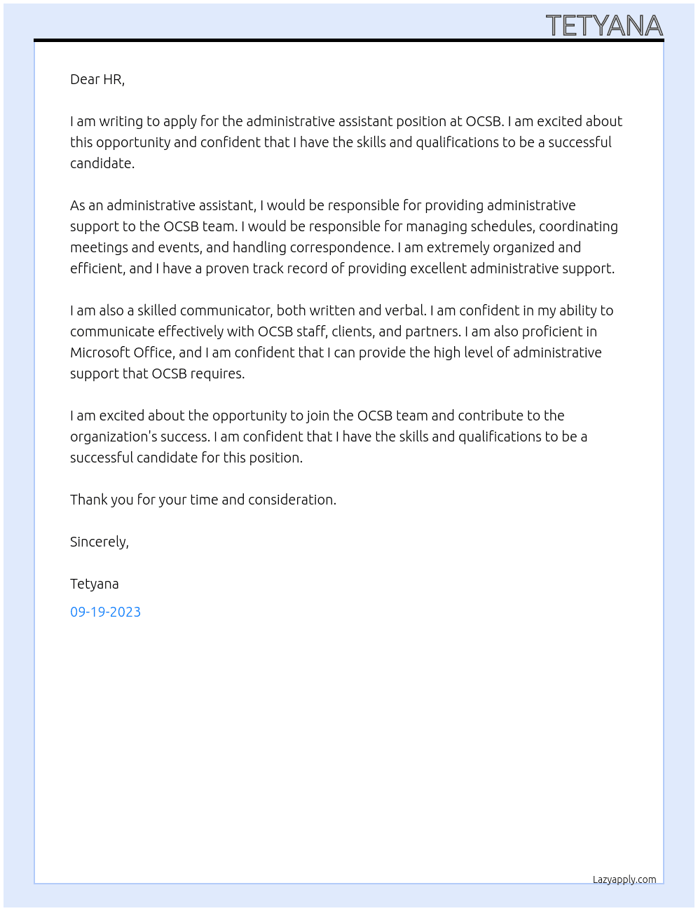 administrative assistant At OCSB Cover Letter