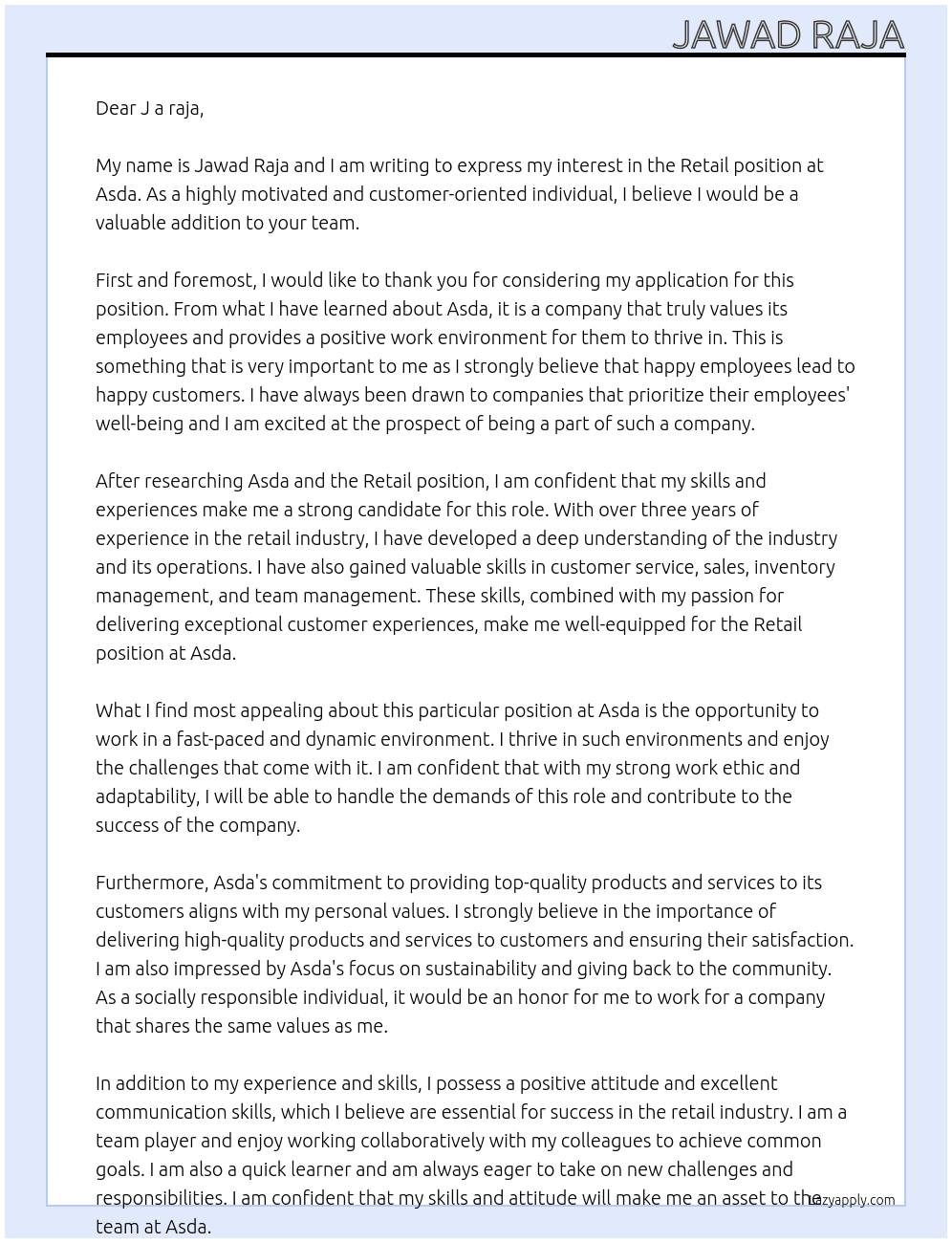 Retail  At Asda Cover Letter