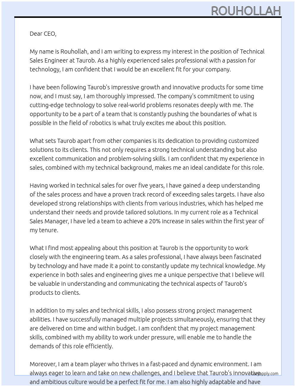 technical sales engineer At taurob Cover Letter