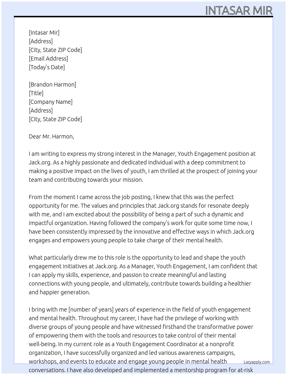 Manager, Youth Engagement At Jack.org Cover Letter