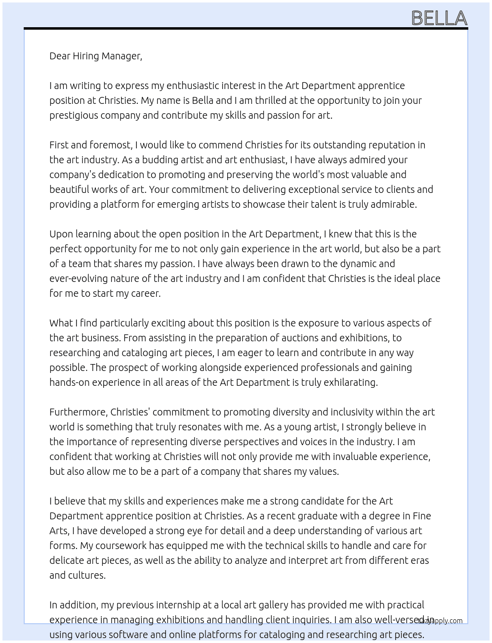 Art Department apprentice At christies Cover Letter