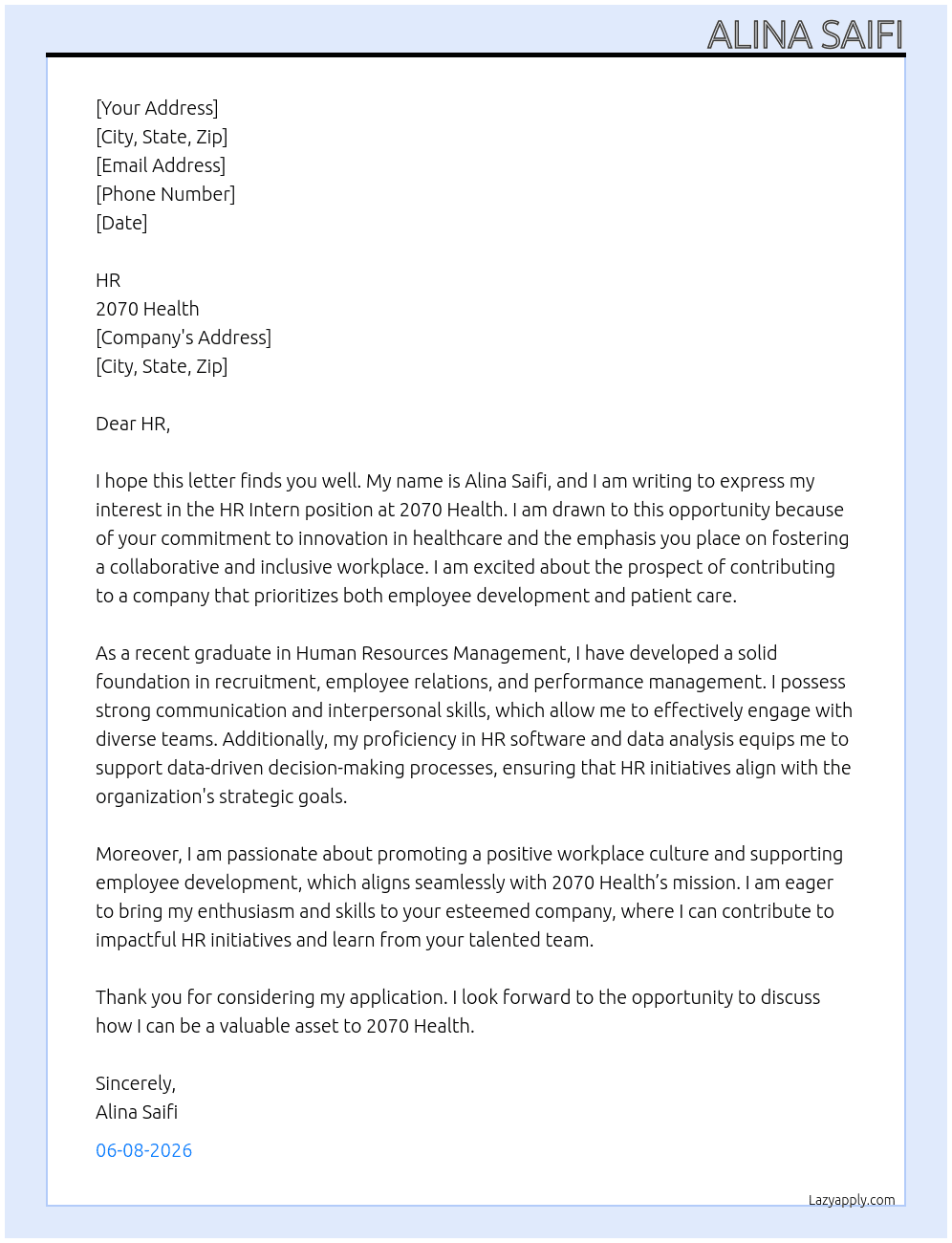 HR Intern At 2070 health Cover Letter