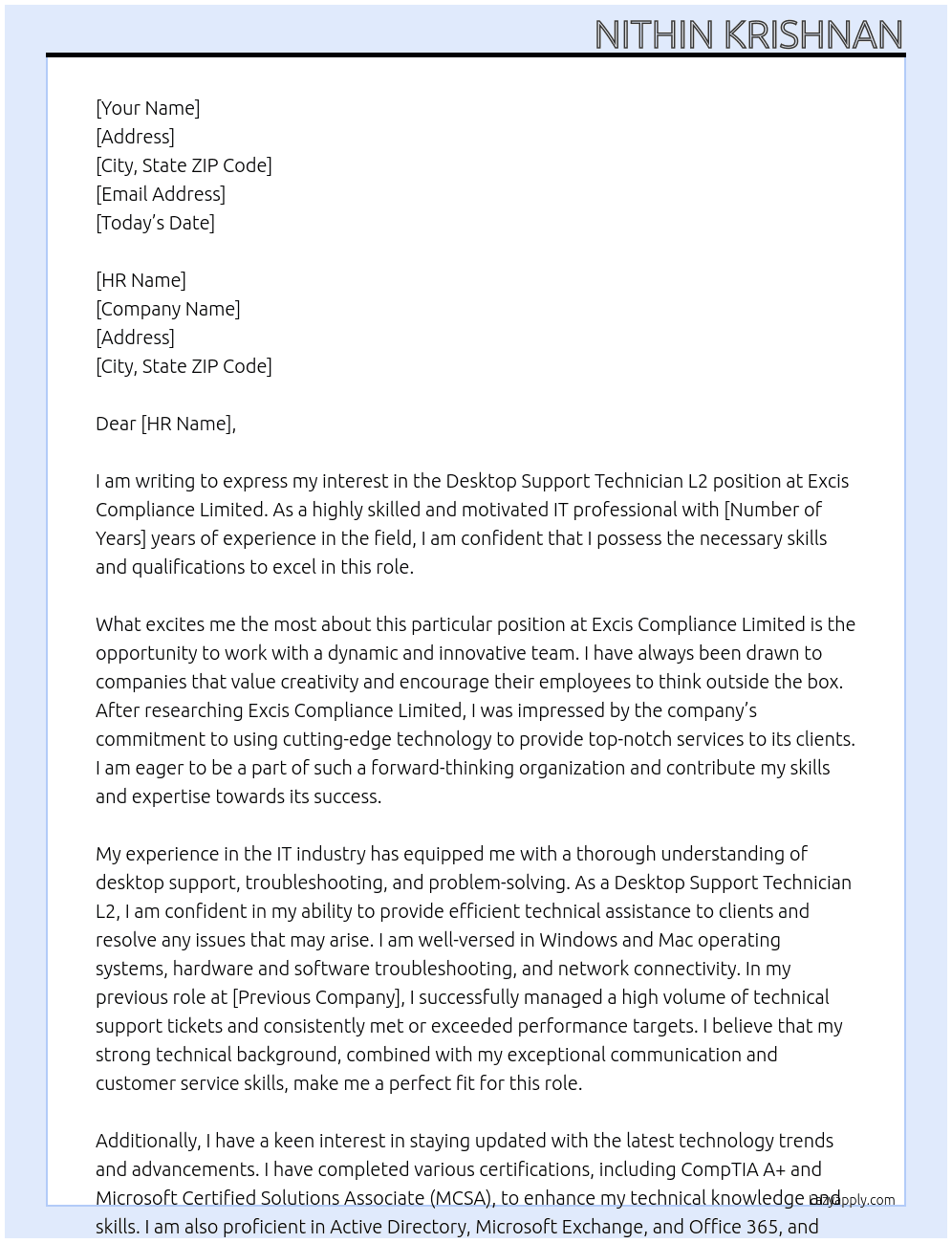 Desktop Support Technician L2 At EXCIS COMPLIANCE LIMITED Cover Letter