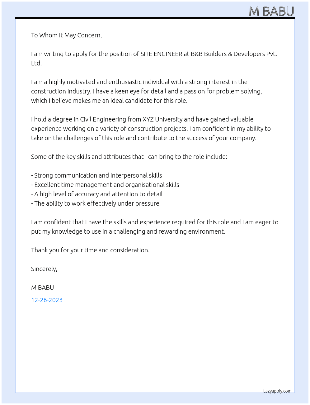 SITE ENGINEER At B&B  builders & developers pvt ltd Cover Letter