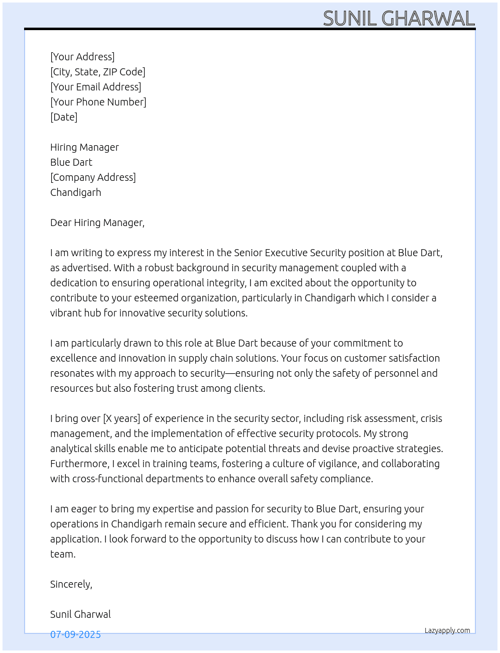 senior executive security At blue dart Cover Letter