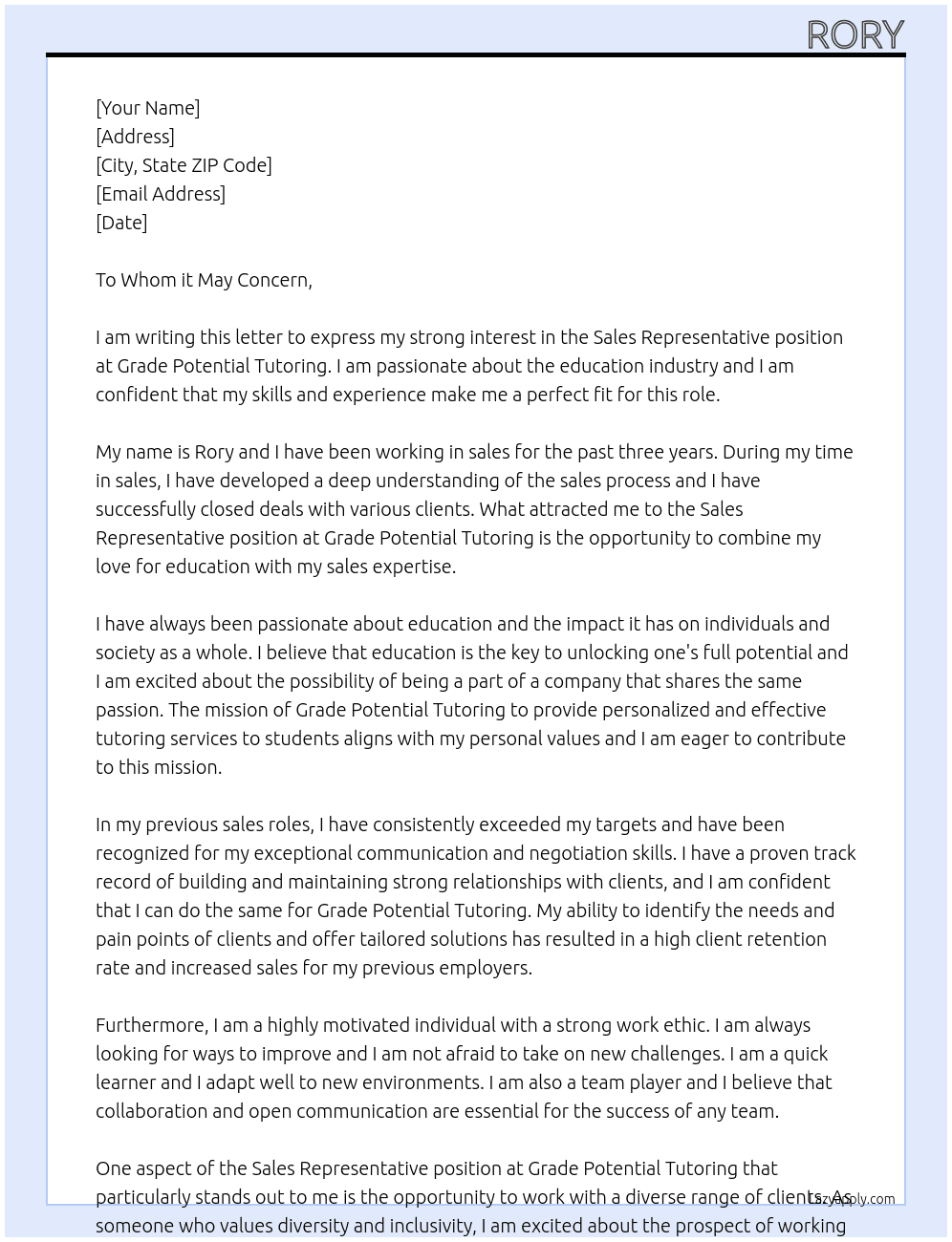 Sales Representative At Grade Potential Tutoring Cover Letter