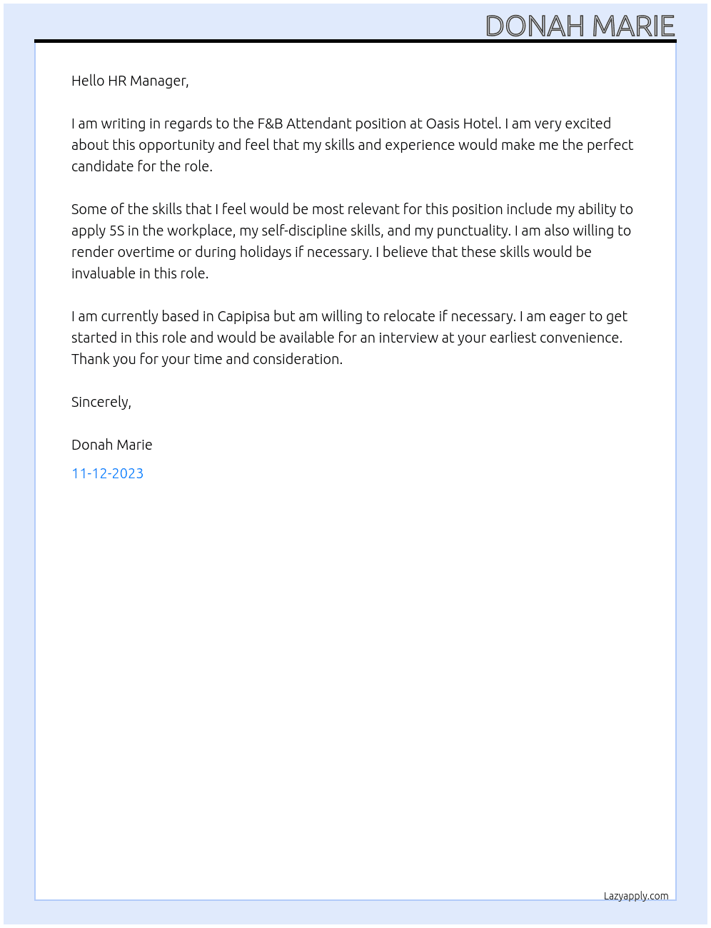F&B Attendant At Oasis Hotel Cover Letter