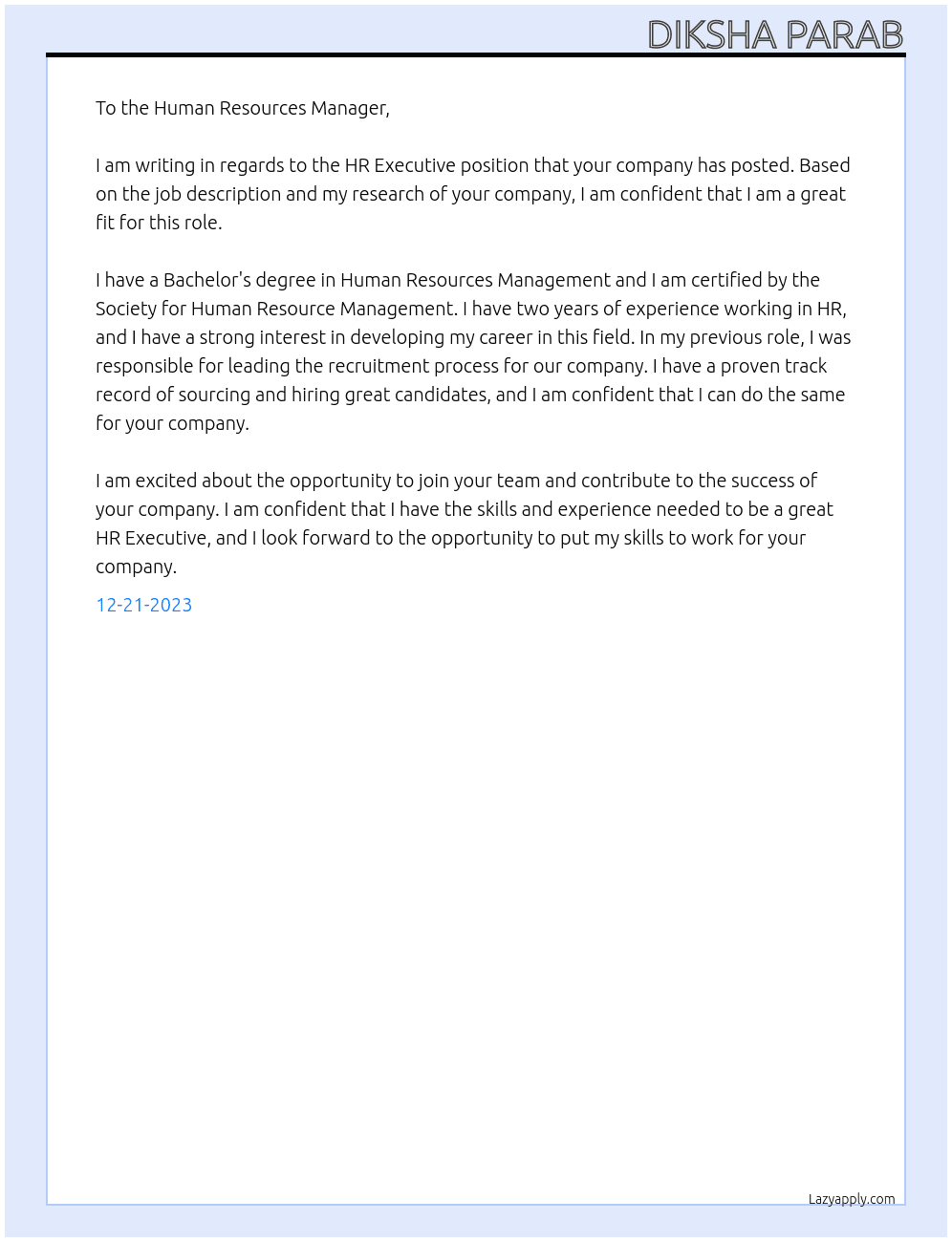 HR Executive At Human Resources Cover Letter