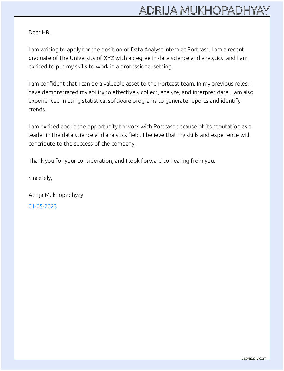 Data Analyst Intern At Portcast Cover Letter