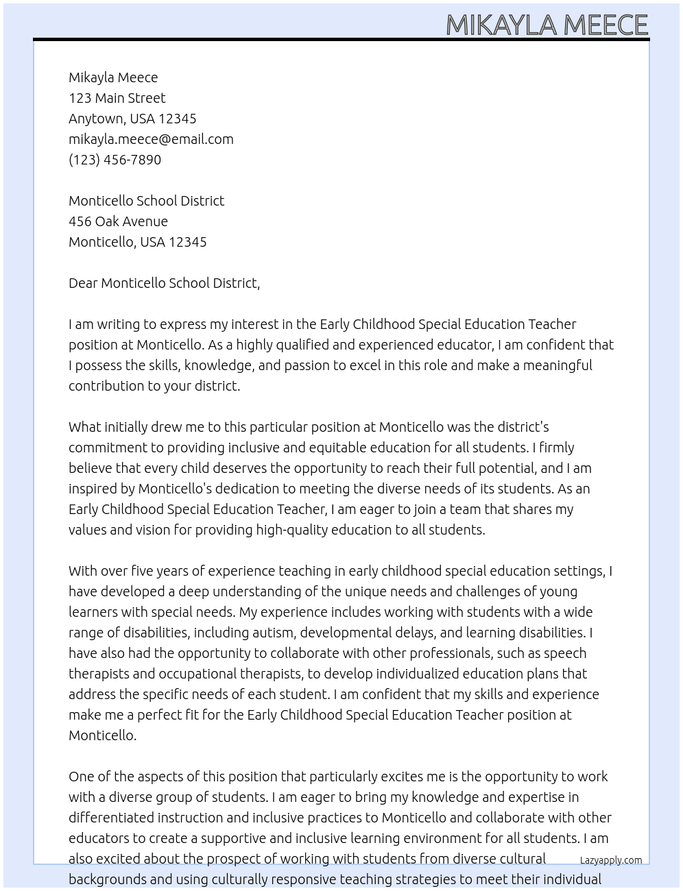 Early Childhood Special Education Teacher At Monticello Cover Letter