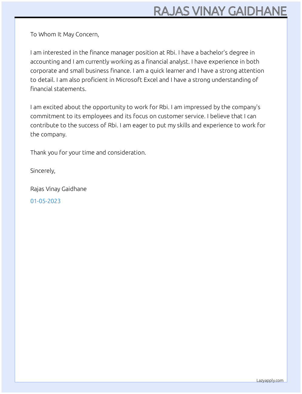 Finance manager At Rbi Cover Letter