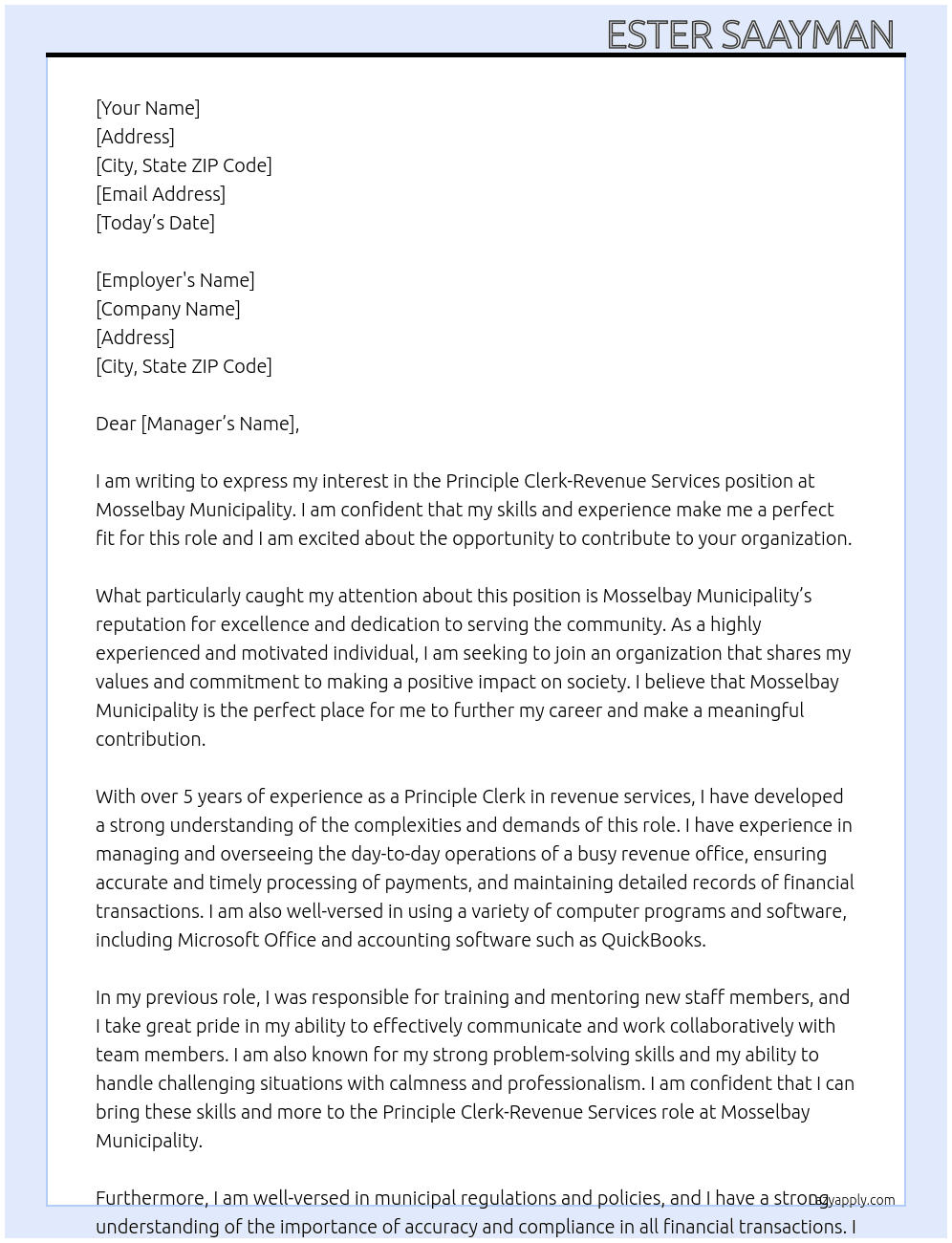 Principle Clerk-Revenue Services  At Mosselbay Municipality  Cover Letter