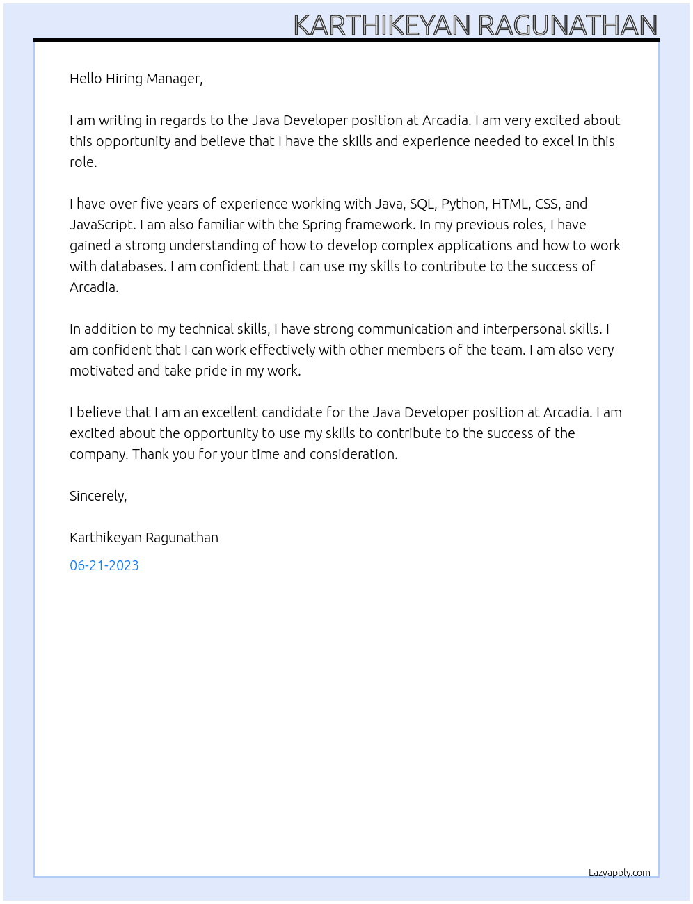 Java developer  At Arcadia  Cover Letter