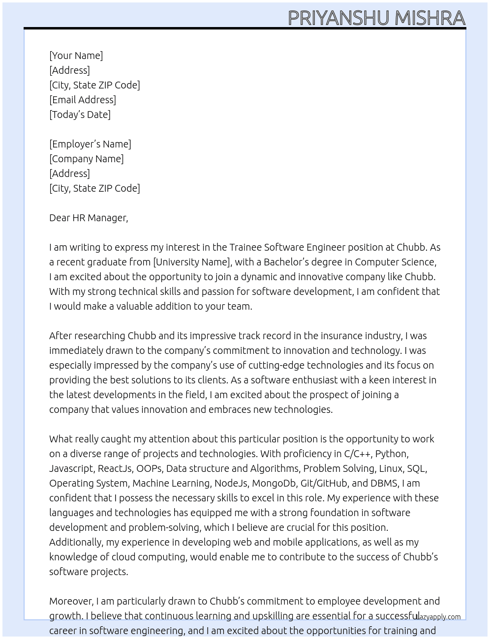 Trainee Software Engineer Chubb At Chubb Cover Letter