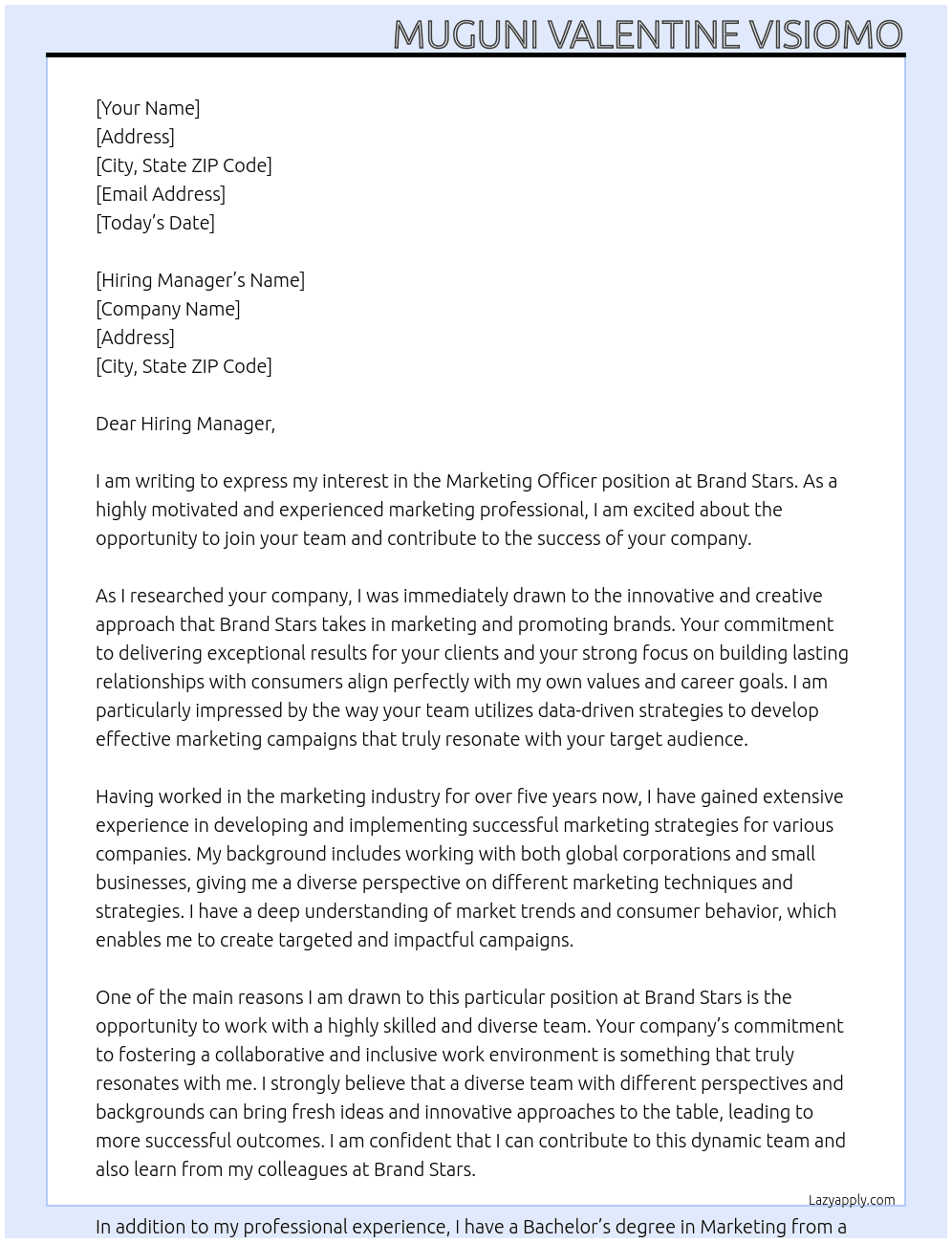 Marketing Officer At Brand Stars  Cover Letter