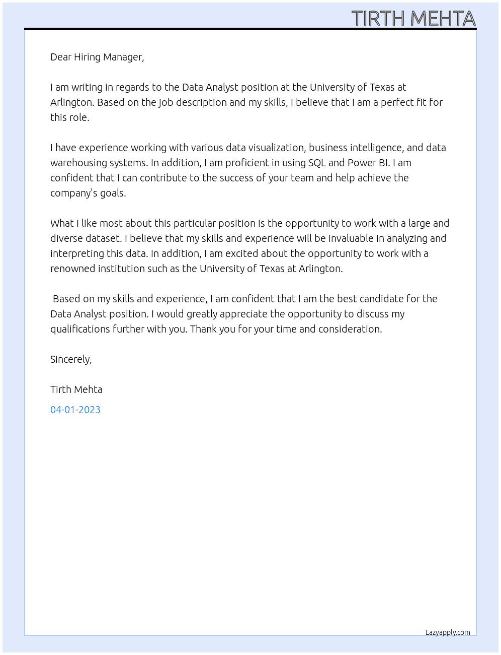 Data Analyst At University of Texas at Arlington Cover Letter