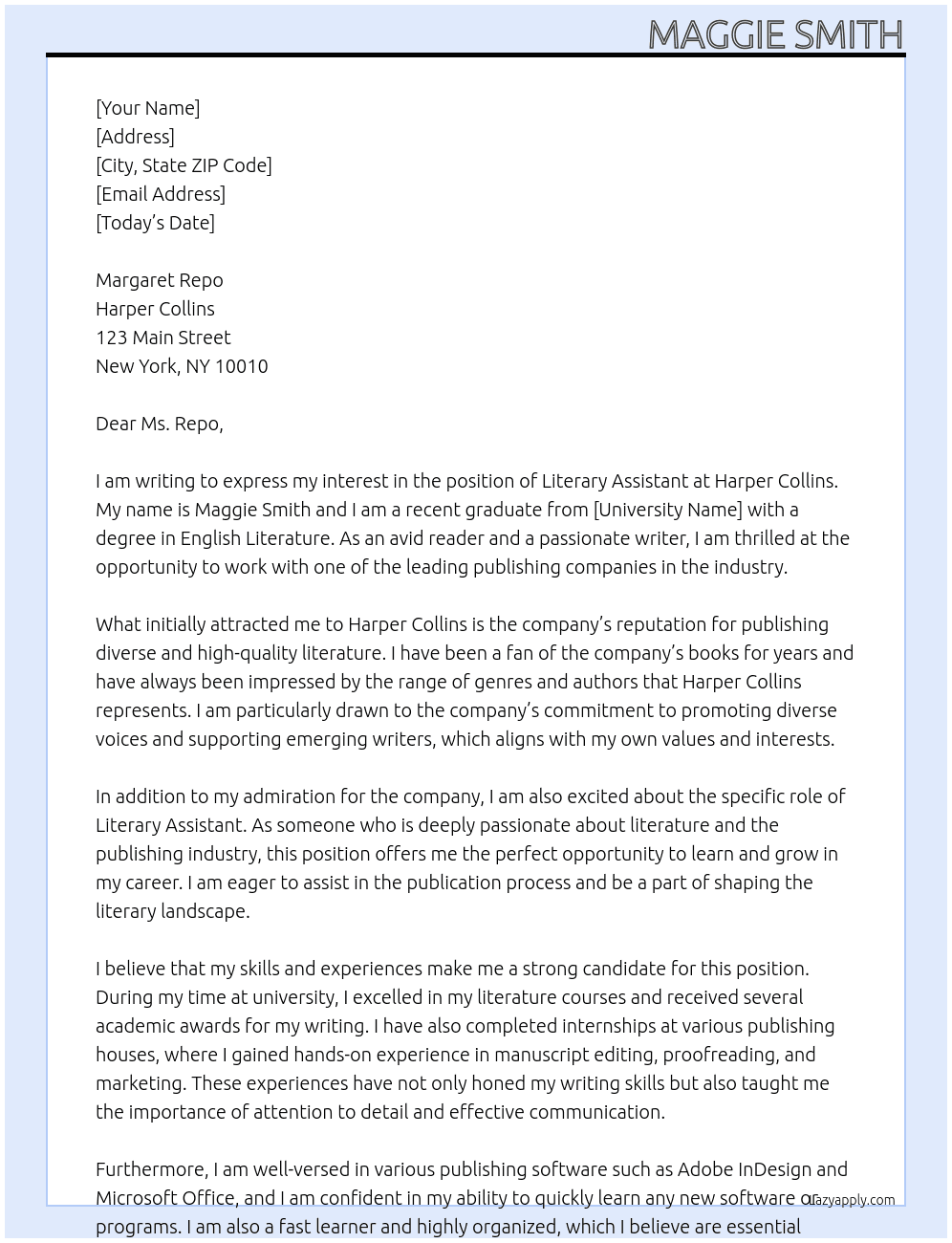 Literary Assistant At Harper Collins Cover Letter