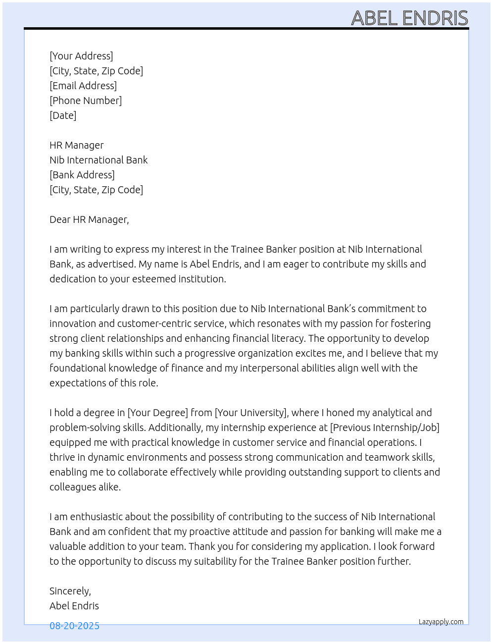 Trainee banker At Nib international bank Cover Letter