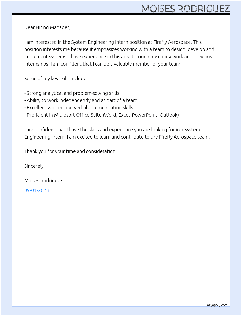 System Engineering Intern At Firefly Aerospcae Cover Letter