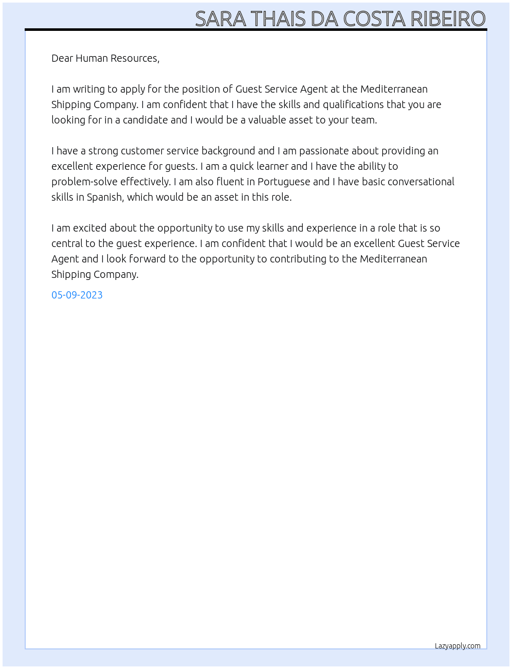 Guest Service Agent  At Mediterranean Shipping Company Cover Letter
