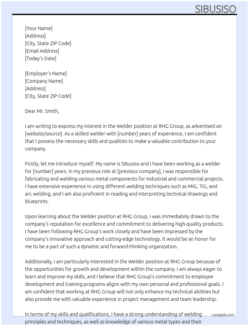 Welder At rhg grop Cover Letter