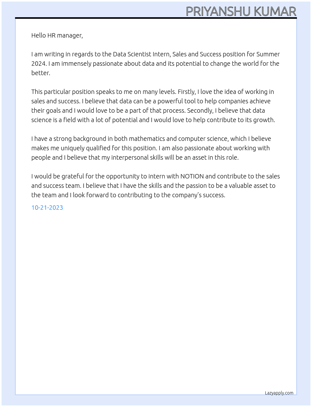 Data Scientist Intern, Sales and Success (Summer 2024) At NOTION Cover Letter