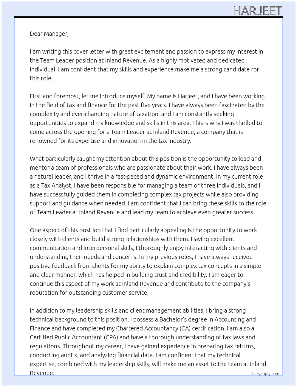 team leader At inland revenue Cover Letter