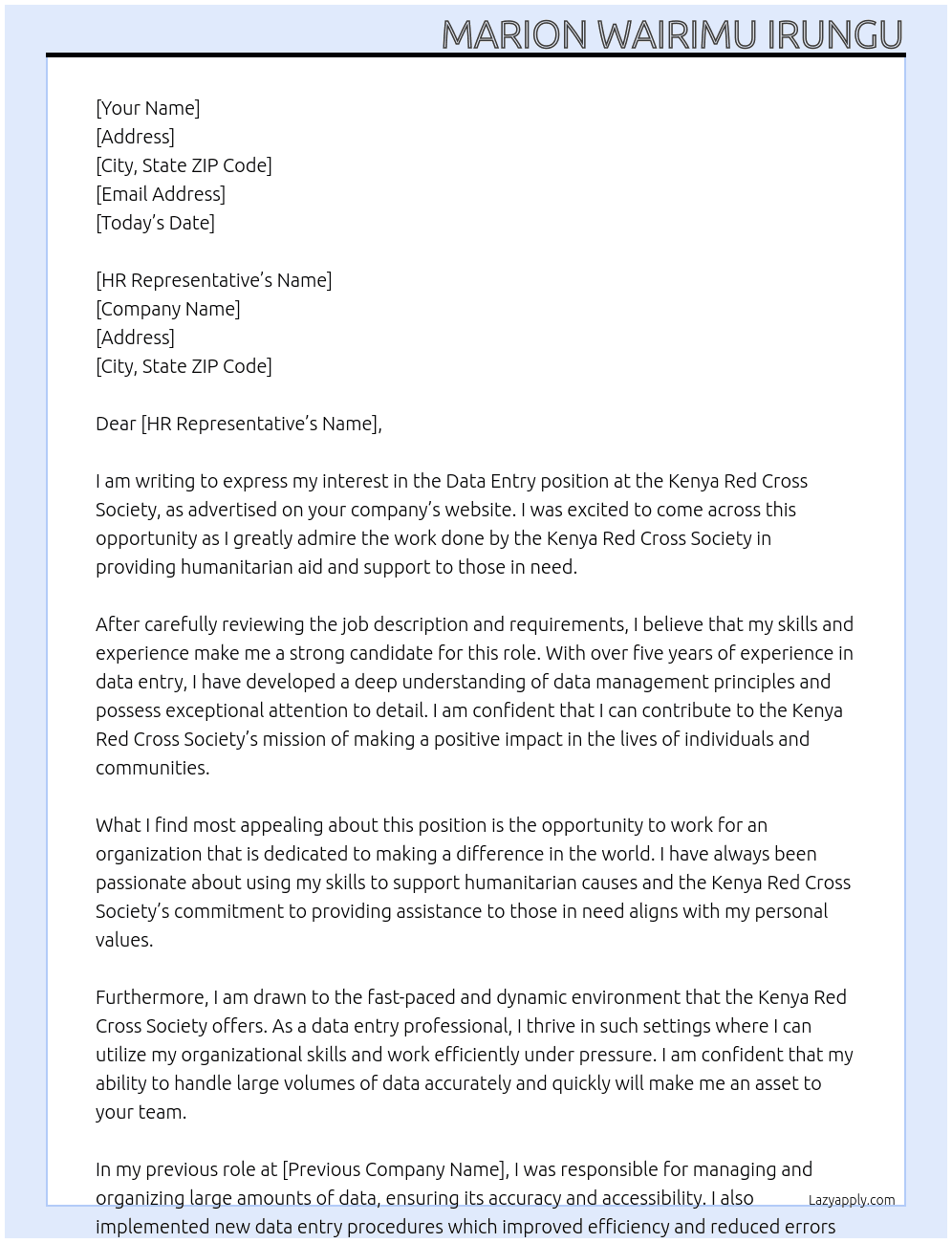 Data Entry  At Kenya Red Cross Society Cover Letter
