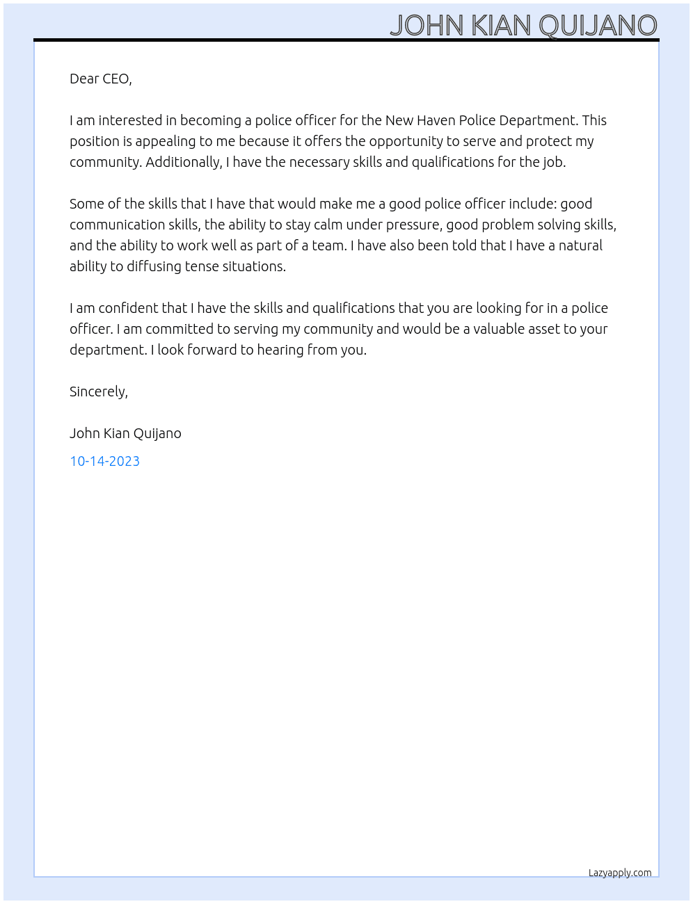 police officer  At new haven police department Cover Letter