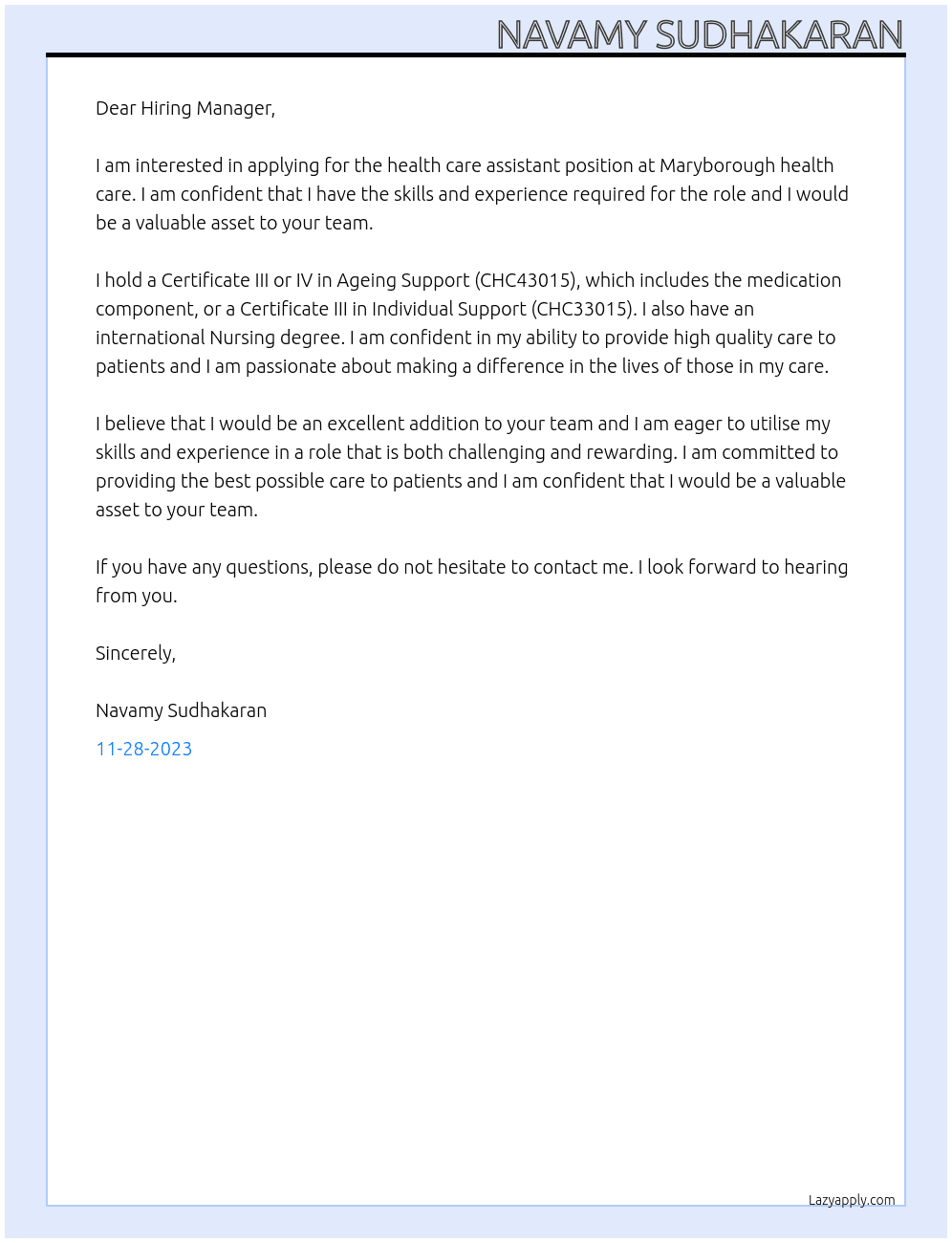 Health care assistant At Maryborough health care Cover Letter