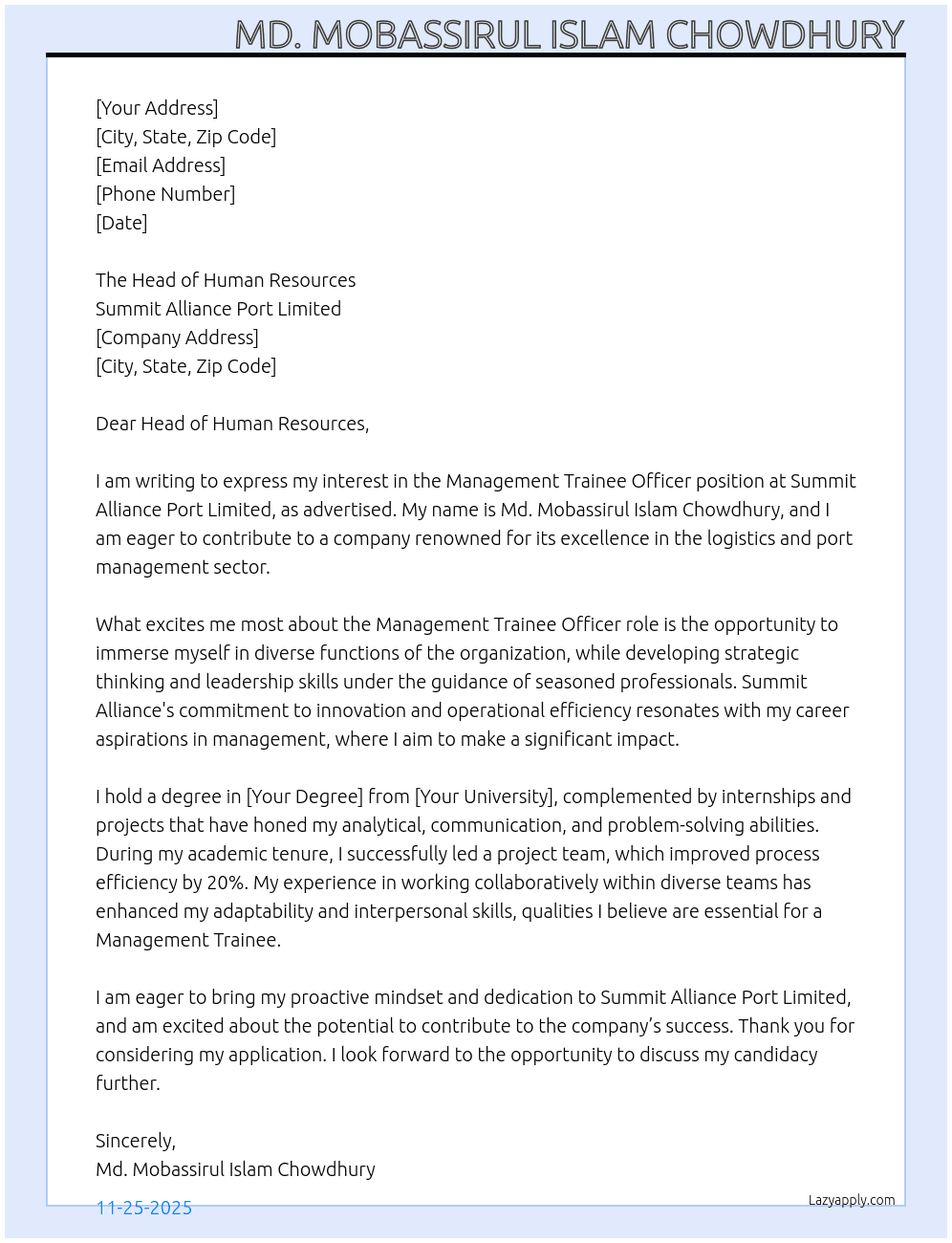 Cover letter for management trainee officer - LazyApply