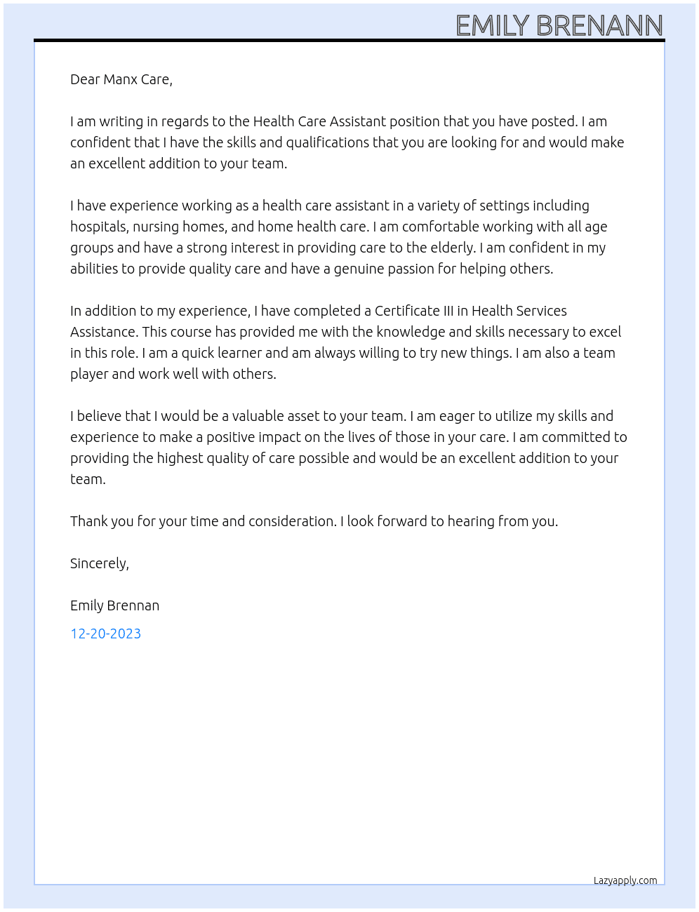 Health care assistance  At Manx care  Cover Letter