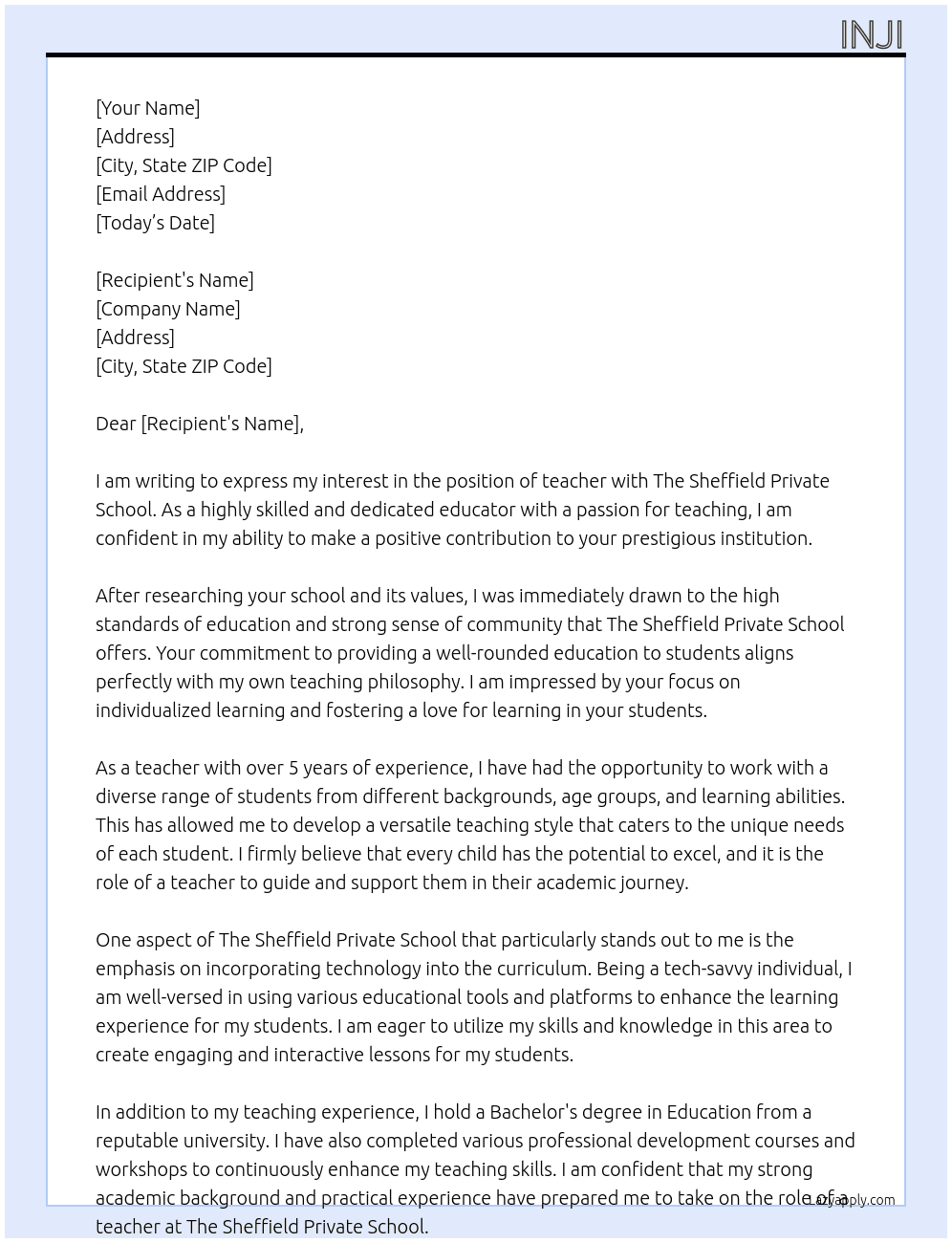 teacher At The Sheffield Private School Cover Letter