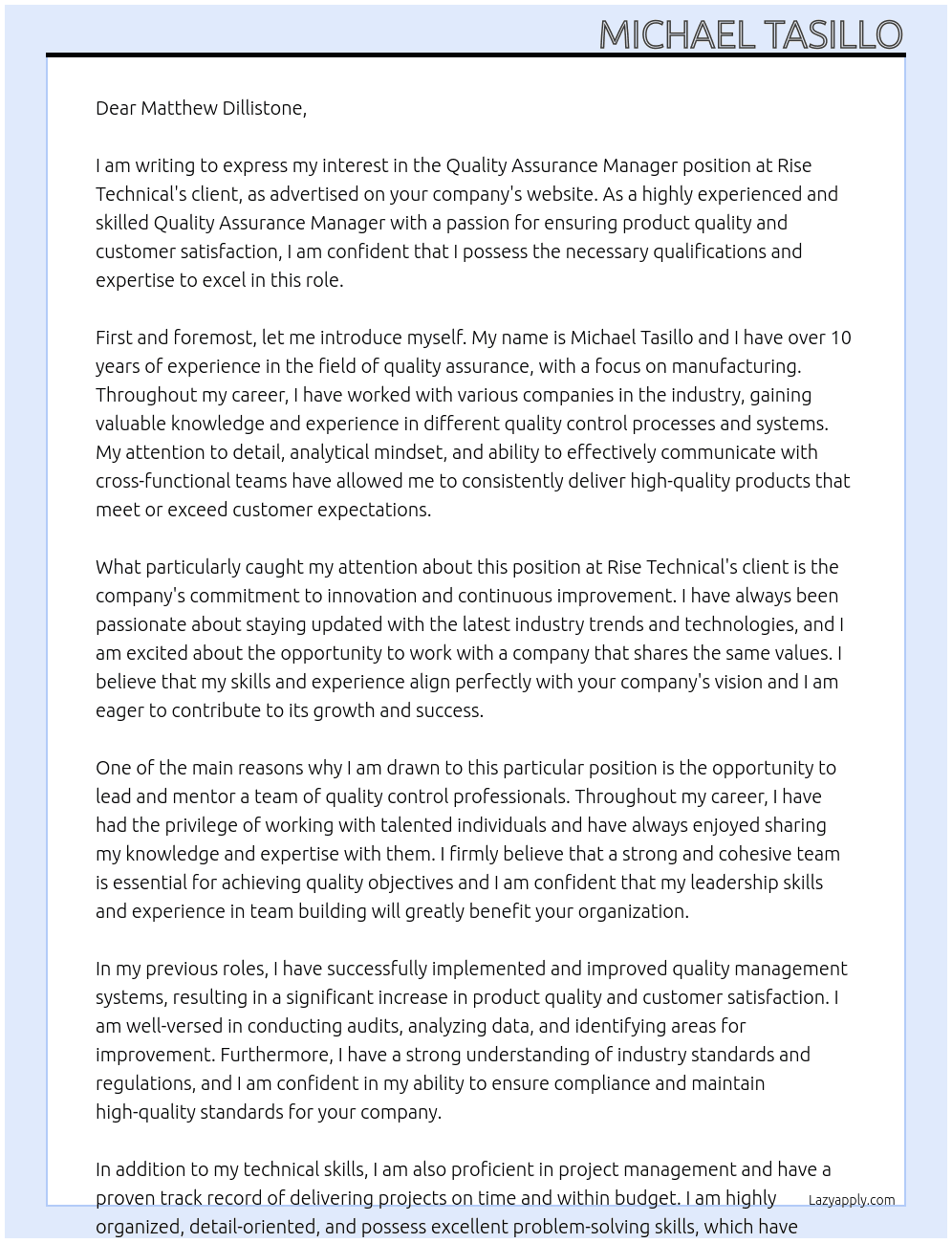 Quality Assurance Manager - Manufacturing At Rise Technical's client Cover Letter