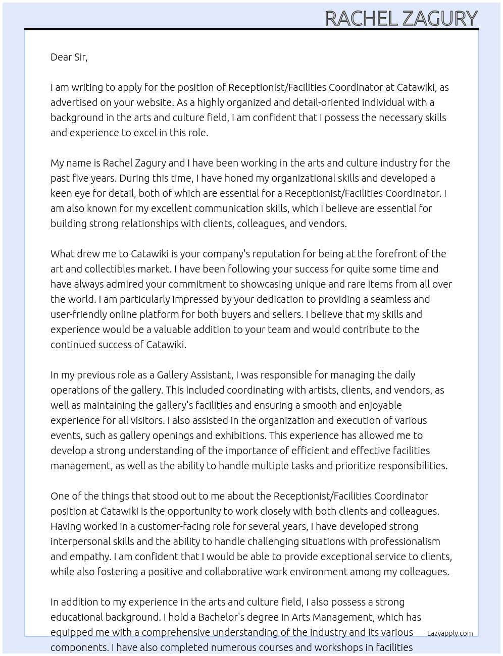 Receptionist / Facilities Coordinator At Catawiki Cover Letter