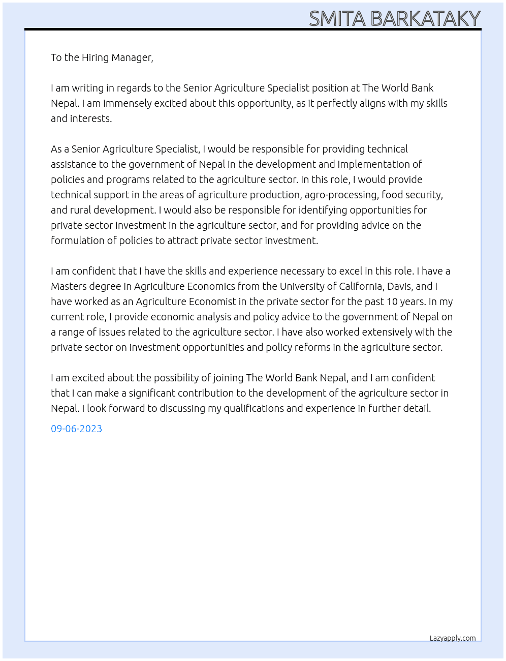 Senior Agriculture Specialist At The World Bank Nepal Cover Letter