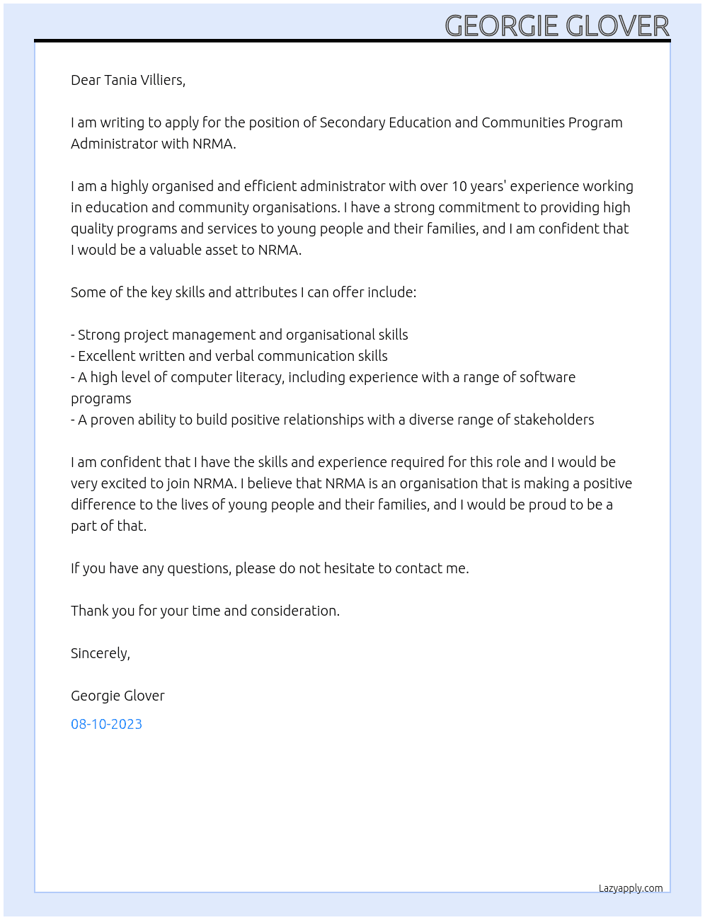 Secondary Education and Communities Program Administrator At NRMA Cover Letter