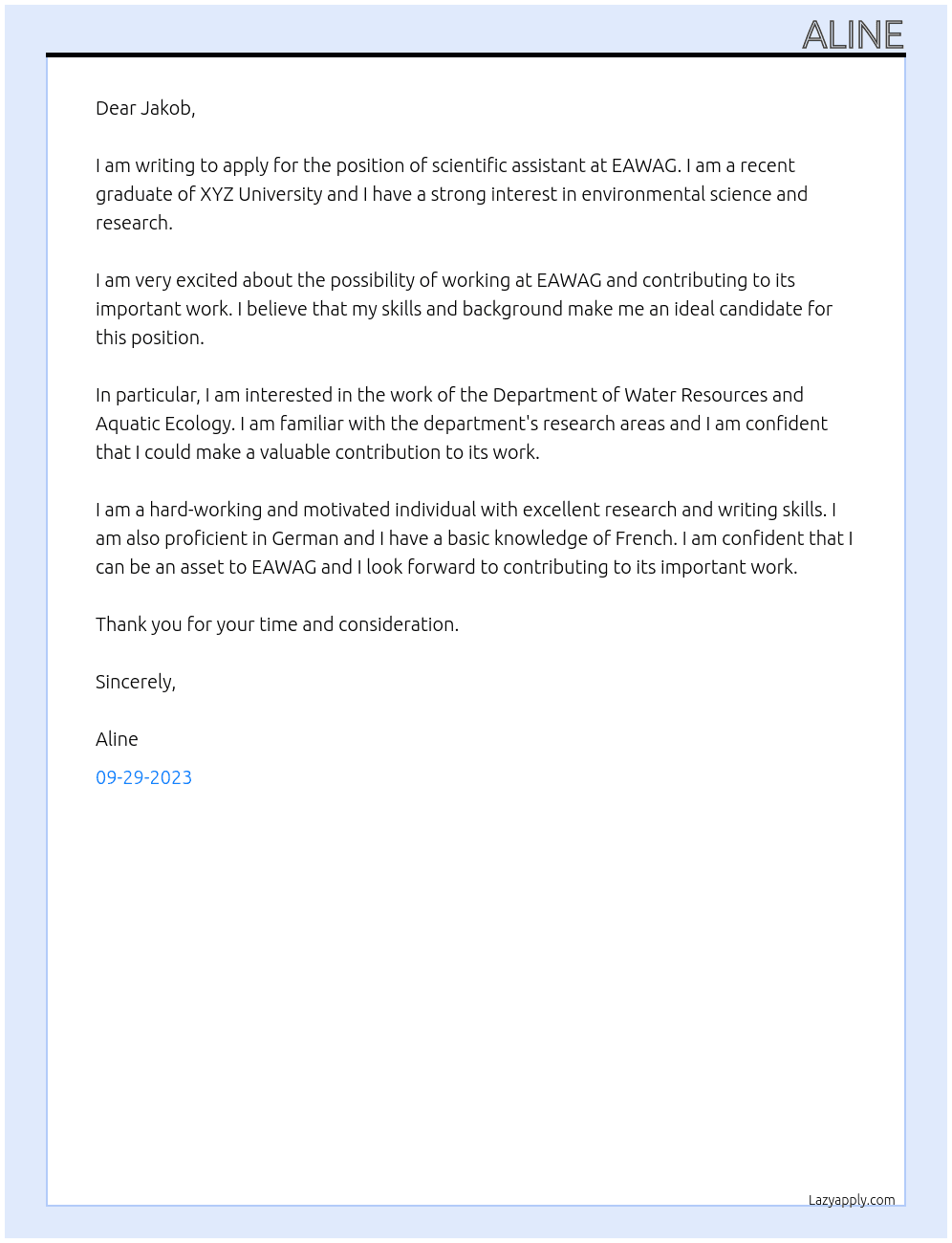 scientific assistant At EAWAG Cover Letter