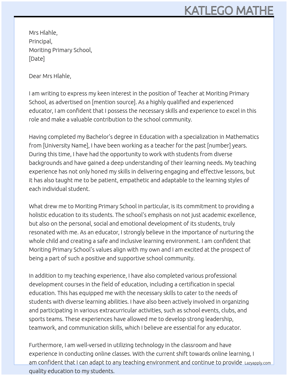 Teacher At Moriting Primary School Cover Letter