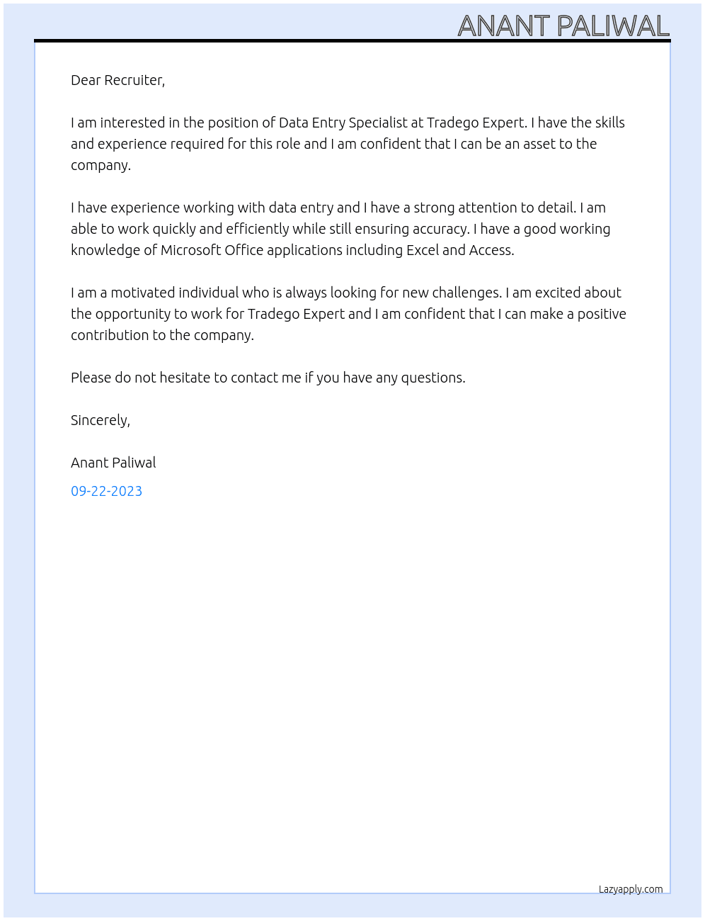 Data entry specialist  At Tradego Expert Cover Letter
