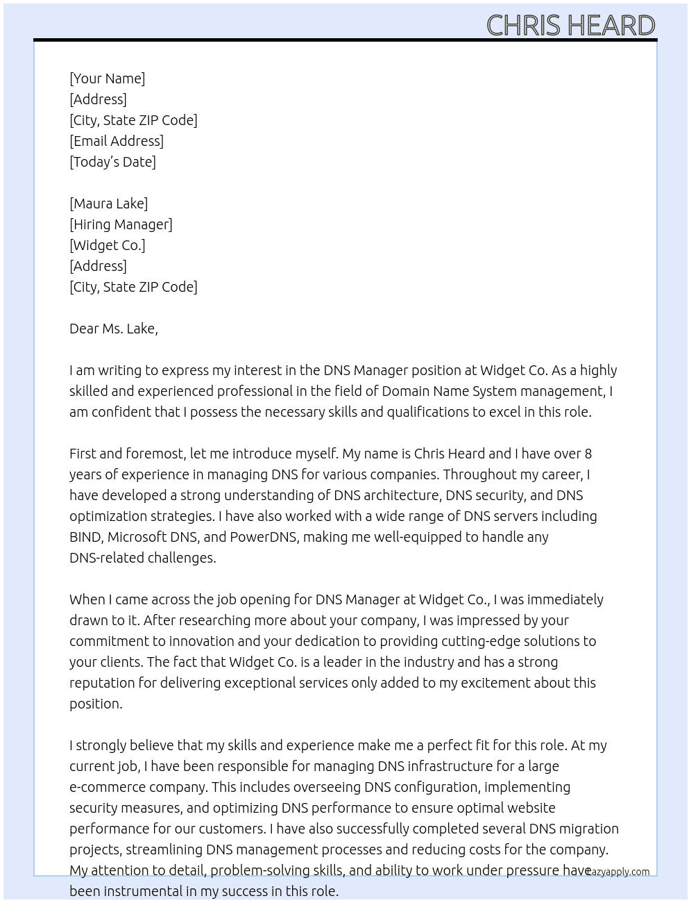 DNS Manager At Widget Co. Cover Letter