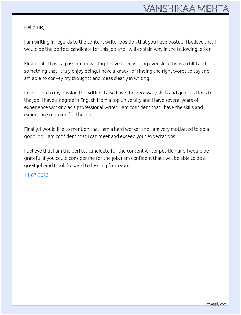 Content Writer At Free Lancing Cover Letter