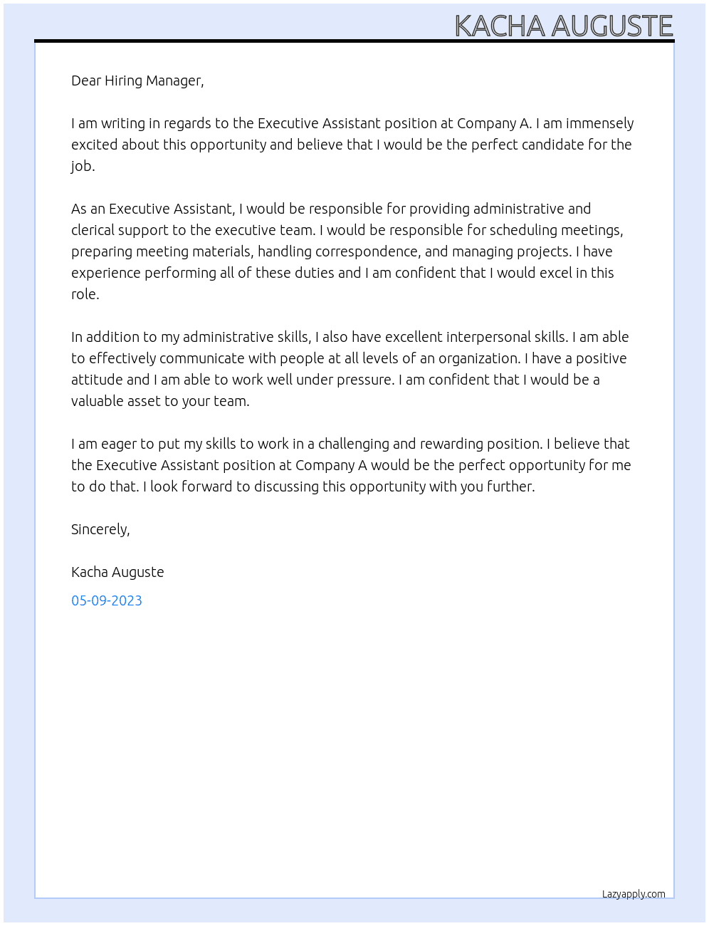 Executive Assistant At Company A Cover Letter