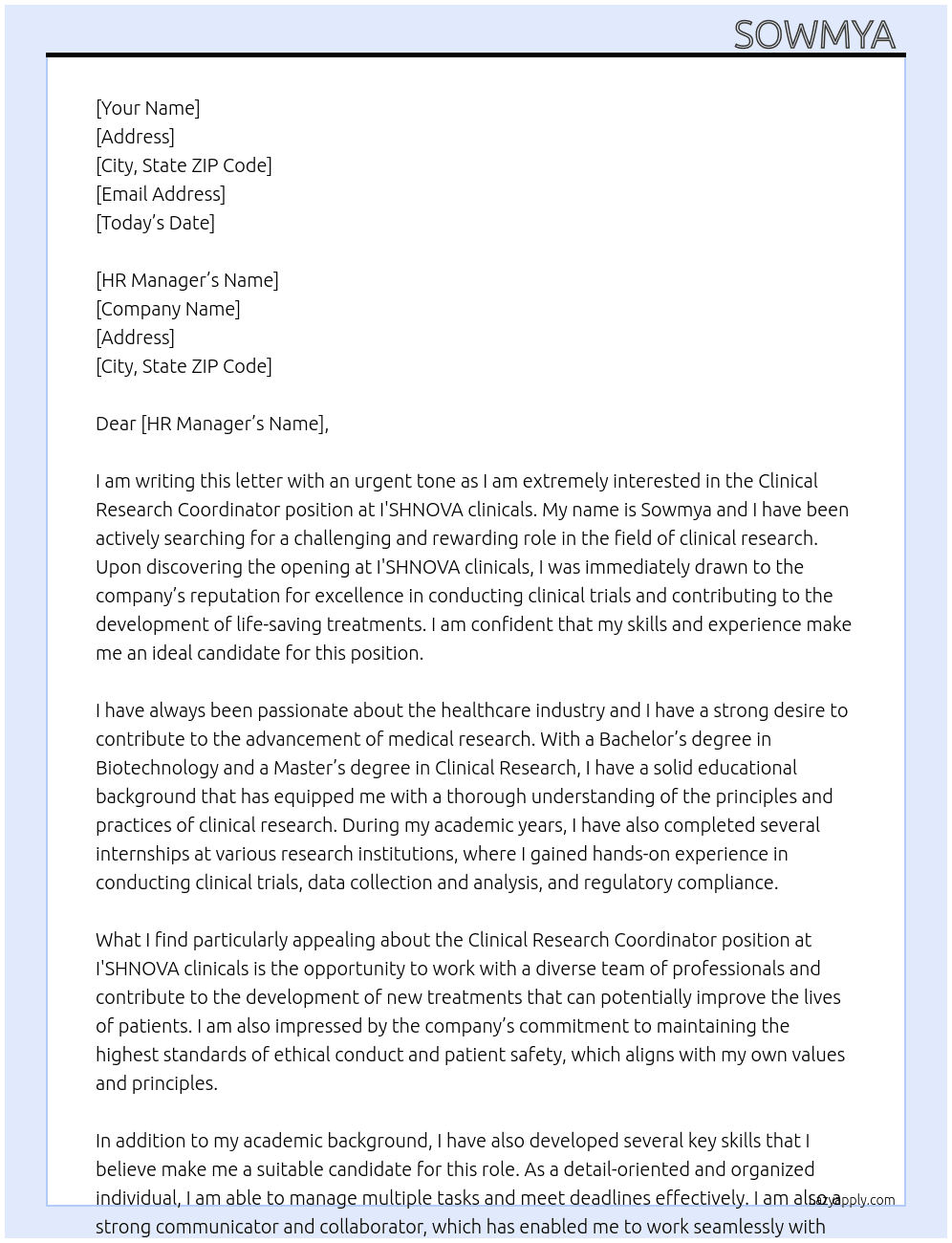 Clinical research coordinator  At I'SHNOVA clinicals  Cover Letter