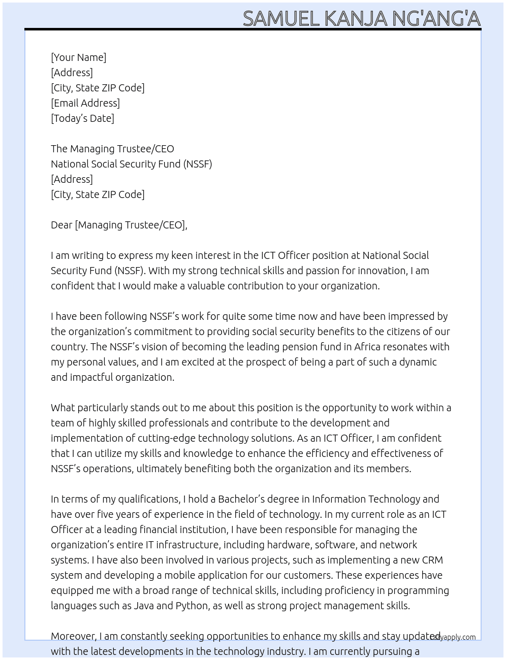 ICT OFFICER At NATIONAL SOCIAL SECURITY FUND Cover Letter