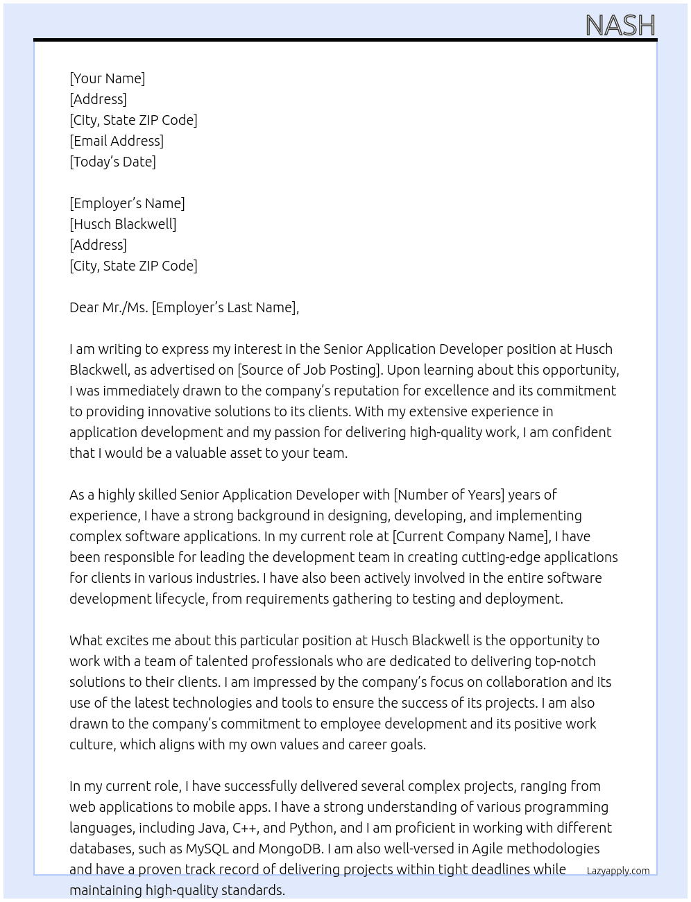 Senior Application Developer At Husch Blackwell Cover Letter