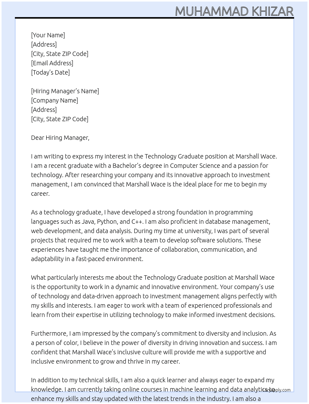 Technology Graduate At Marshall Wace Cover Letter
